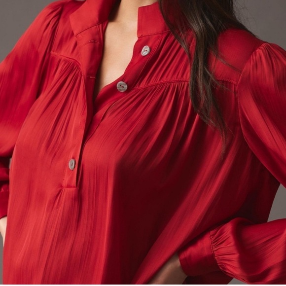 ANTHROPOLOGIE Red Long Sleeve Popover Pleat Blouse - Picture 9 of 12